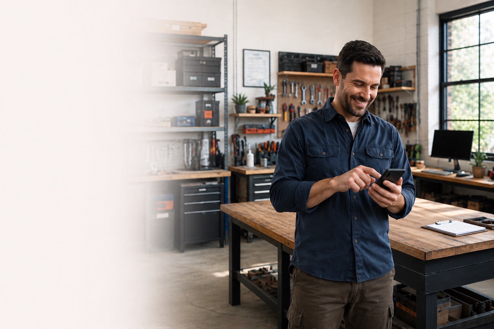 Service business owner checking his phone in his workshop